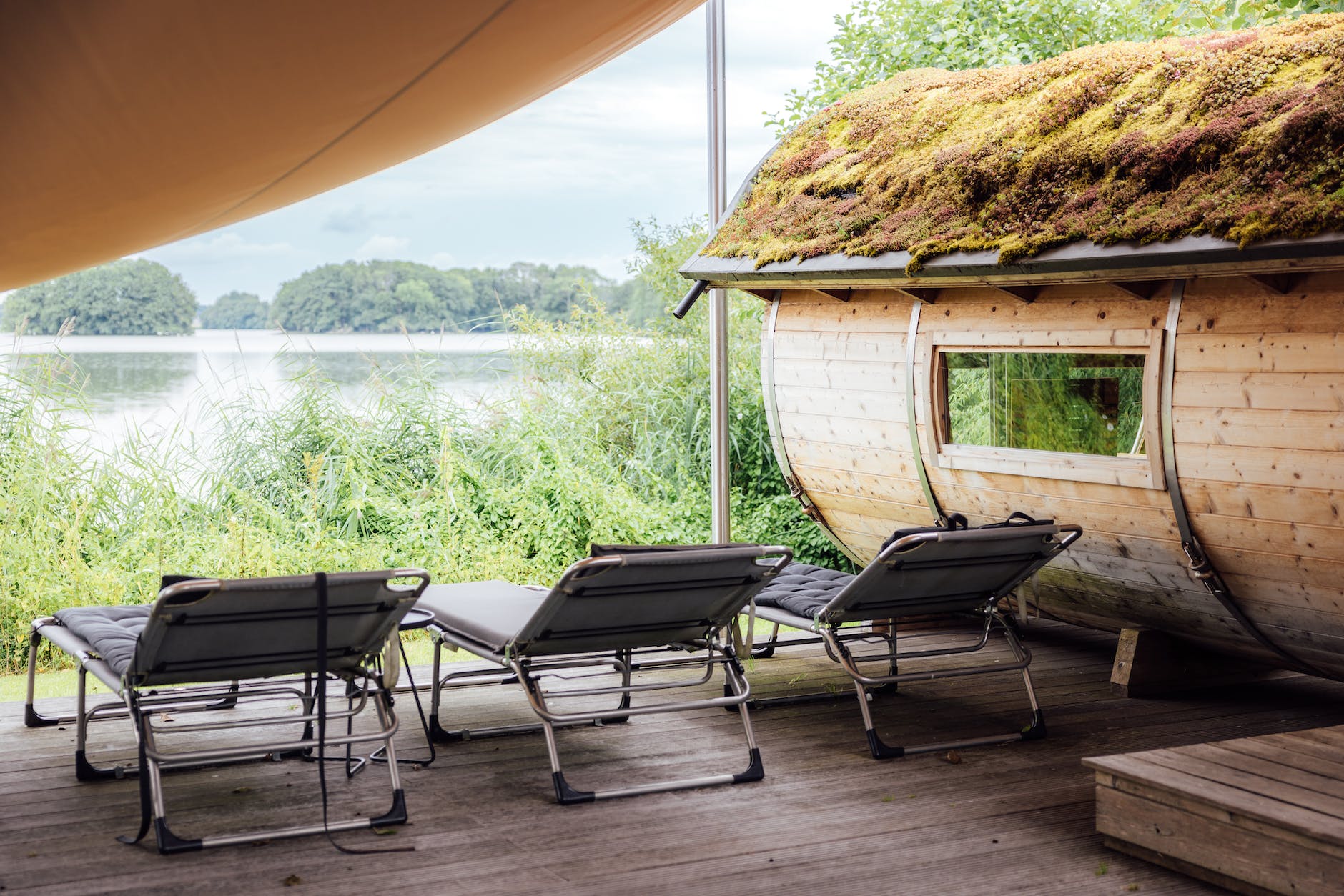 sunloungers beside a sauna