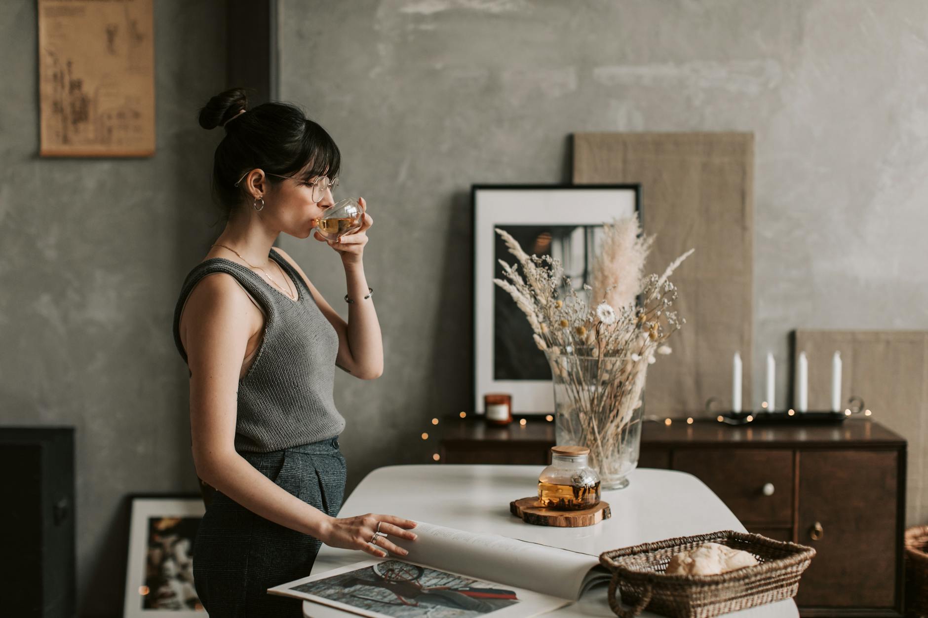 a woman drinking tea